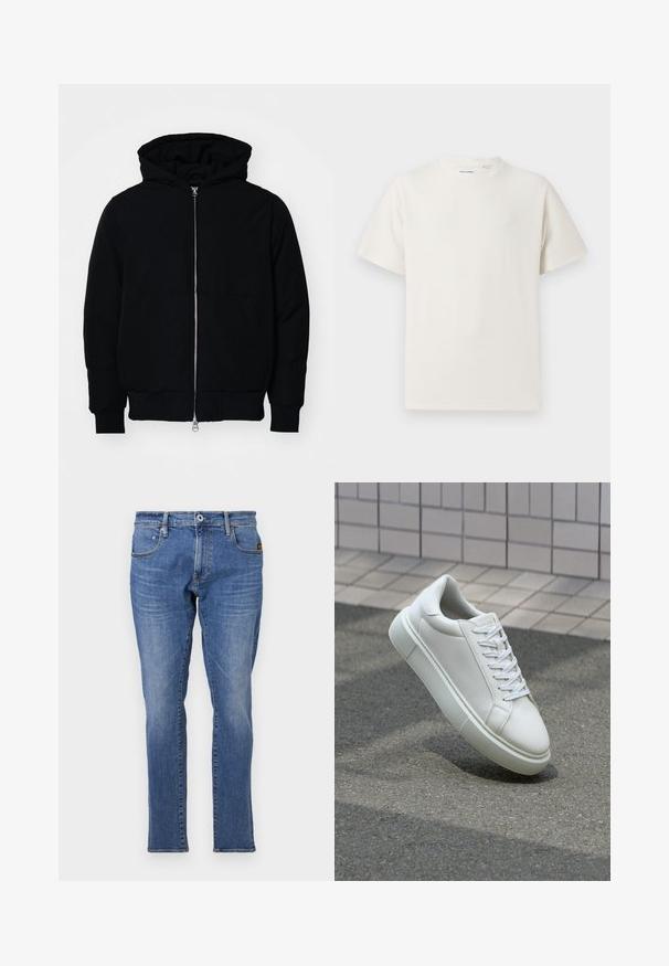 Mustaga kapuutsiga jakk, millel on esineed, kenguru tasku, soonikkoes, ja alläär, esitatud lihtsal valgel taustal.; Valge lühikeste varrukatega T-särk ribakudumises. Ümar kaelus, mugav lõige, nähtavad mustrid ega aksessuaarid puuduvad. Lihtne ja mitmekesine disain.; Sinise denimist valmistatud klassikaline sirge jalgadega disain, viie taskuga stiil ja oranži õmblusega detailid. Kkangas on tekstureeritud ja vastupidav.; Valge nahkline sneka, millel on sile pind, ümar varvas ja lame valge pael. Omab tekstuuriga kummist talla ja minimaalset kujunduselementi.