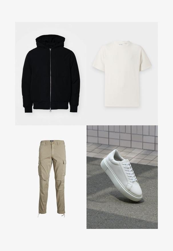 Fekete kapucnis dzseki elülső cipzárral, kenguruzsebbel, bordázott mandzsettákkal és aba, egy sima fehér háttér előtt.; Fehér, rövid ujjú póló bordázott textúrával. Kerek nyakkivágás, laza szabás, nincs látható minta vagy díszítés. Egyszerű és sokoldalú dizájn.; Jack & Jones JWHACE JJTUCKER ANA - Oldalzsebes nadrágok - dune; Fehér bőr sportcipő sima felülettel, kerek orral és lapos fehér fűzőkkel. Texturált gumitalppal és minimális dizájnelemekkel rendelkezik.