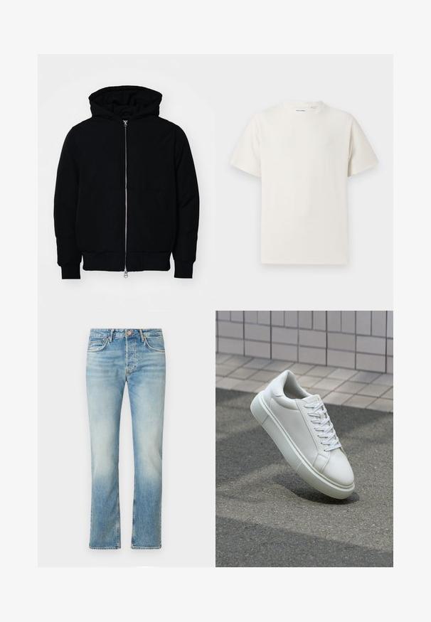 Melna kapucēta jaka ar priekšējo rāvējslēdzēju, kenguru kabatu, ribinātām aprocēm un apakšmalu, parādīta uz vienkārša balta fona.; Balta krūštura īsām piedurknēm ar ribota auduma faktūru. Apaļš kakla izgriezums, brīvs griezums, bez redzamām rakstām vai akcentiem. Vienkāršs un daudzpusīgs dizains.; Gai zilgani džinsi ar taisnu kāju griezumu, ar nolietotu tekstūru, piecām kabatām, priekšējo pogu aizdari un smalkām izšuvuma detaļām.; Baltas ādas sporta apavi ar gludu virsmu, apaļu pirkstu un plakanām baltām šņorēm. Iezīmējas ar strukturētu gumijas zoli un minimālisma dizaina elementiem.