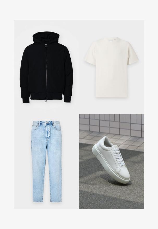 Black hooded jacket with front zipper, kangaroo pocket, ribbed cuffs, and hem, displayed on a plain white background.; White short-sleeve T-shirt in a ribbed texture. Round neckline, relaxed fit, no visible patterns or accents. Simple and versatile design.; Light blue denim jeans with a straight leg design, featuring five pockets and a button closure. Distressed texture with faded areas.; White leather sneaker with a smooth surface, round toe, and flat white laces. Features a textured rubber sole and minimal design elements.