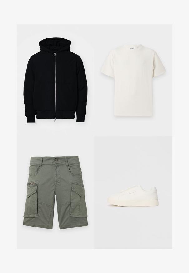 Black hooded jacket with front zipper, kangaroo pocket, ribbed cuffs, and hem, displayed on a plain white background.; White short-sleeve T-shirt in a ribbed texture. Round neckline, relaxed fit, no visible patterns or accents. Simple and versatile design.; Olive-green cargo shorts made of cotton blend fabric. Features multiple pockets, including a zip pocket, and sturdy stitching details.; White slip-on sneakers with a textured surface, a thick sole, and minimalistic design. Features brand logo on the side.