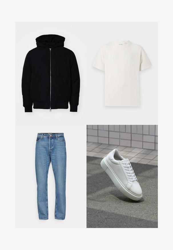 Melna kapucēta jaka ar priekšējo rāvējslēdzēju, kenguru kabatu, ribinātām aprocēm un apakšmalu, parādīta uz vienkārša balta fona.; Balta krūštura īsām piedurknēm ar ribota auduma faktūru. Apaļš kakla izgriezums, brīvs griezums, bez redzamām rakstām vai akcentiem. Vienkāršs un daudzpusīgs dizains.; Gai zila džinsā auduma bikses ar taisno kāju dizainu, ar pogu aizdari, piecām kabatām un vieglām nodiluma detaļām.; Baltas ādas sporta apavi ar gludu virsmu, apaļu pirkstu un plakanām baltām šņorēm. Iezīmējas ar strukturētu gumijas zoli un minimālisma dizaina elementiem.