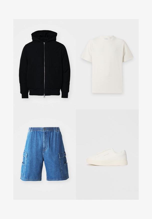 Black hooded jacket with front zipper, kangaroo pocket, ribbed cuffs, and hem, displayed on a plain white background.; White short-sleeve T-shirt in a ribbed texture. Round neckline, relaxed fit, no visible patterns or accents. Simple and versatile design.; Denim cargo shorts in medium blue with an elastic waistband, multiple side pockets, and a straight cut. Textured fabric with visible stitching.; White slip-on sneakers with a textured surface, a thick sole, and minimalistic design. Features brand logo on the side.