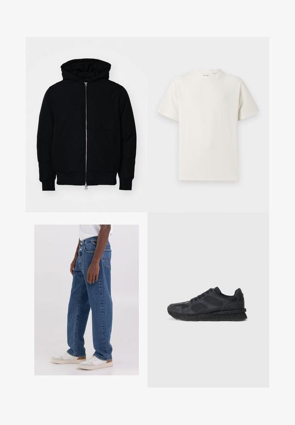 Čierna kapucňová bunda s predným zipsom, klokaními vreckami, rebrovanými manžetami a lemom, zobrazená na bielom pozadí.; Biela krátka tričko s krátkym rukávom so žebrovanou textúrou. Okrúhly výstrih, uvoľnený strih, žiadne viditeľné vzory ani akcenty. Jednoduchý a všestranný dizajn.; Svetlomodré džínsy s uvoľneným strihom, dizajnom s piatimi vreckami a s gombíkovým zapínaním, skombinované s obyčajným bielym tričkom a bielymi teniskami.; Replay ARTHUR ATOM - Tenisky - black