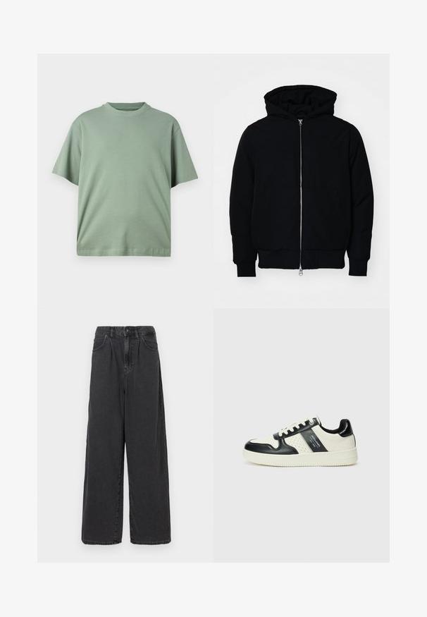 Svart huoodiejacka med framdragkedja, känguruficka, ribbade ärmslut och nederkant, uppställd mot en vit bakgrund.; Ljusgrön t-shirt med kort ärm och rund halsringning, tillverkad av mjukt tyg. Designen har en avslappnad passform och inga synliga mönster.; Breda byxor i hög midja av svart denim med knapp och dragkedja fram, utrustade med sidofickor och en slät yta.; Läder sneakers med en svart och krämfärgad färgsättning, med perforerade detaljer, en vadderad krage och en strukturerad yttersula.