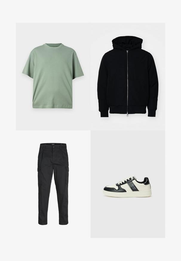 Black hooded jacket with front zipper, kangaroo pocket, ribbed cuffs, and hem, displayed on a plain white background.; Light green short-sleeve t-shirt with a crew neckline, made from soft fabric. The design features a relaxed fit and no visible patterns.; Black cargo pants made of sturdy fabric, featuring multiple pockets, a button closure, and a slim fit design with tapered legs.; Leather sneakers with a black and cream color scheme, featuring perforated accents, a padded collar, and a textured outsole.
