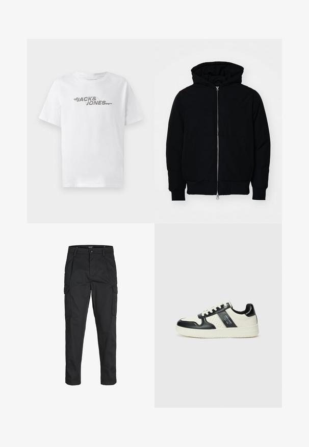 Black hooded jacket with front zipper, kangaroo pocket, ribbed cuffs, and hem, displayed on a plain white background.; White cotton t-shirt with short sleeves, featuring a silver graphic print of "JACK & JONES" and brand details on the chest.; Black cargo pants made of sturdy fabric, featuring multiple pockets, a button closure, and a slim fit design with tapered legs.; Leather sneakers with a black and cream color scheme, featuring perforated accents, a padded collar, and a textured outsole.