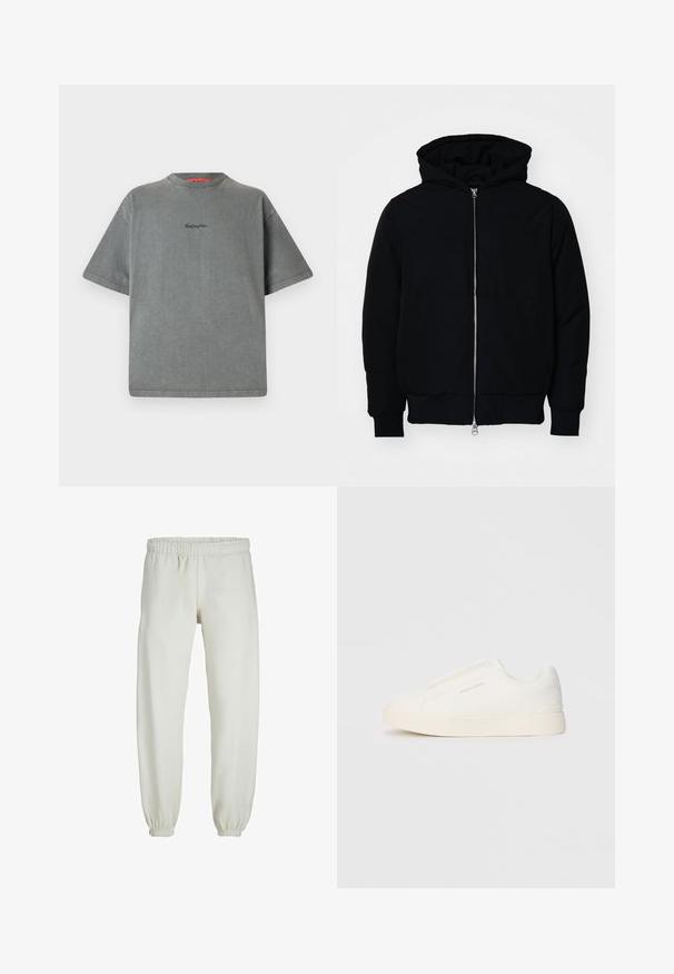 Juodas gobtuvėlis su priekiniu užtrauktuku, kengūros tipo kišene, lygiais rankogaliais ir apvadu, pateiktas ant vientiso balto fono.; Replay Inc. Paprasti marškinėliai - stoned grey; Baltos sportinės kelnės, pagamintos iš minkštos medžiagos, su elastinga juosmeniu ir rankogaliais, turinčios lygią tekstūrą ir laisvą siluetą.; Baltos slip-on sportbačiai su tekstūruota paviršiumi, storesniu padu ir minimalistišku dizainu. Šone matosi prekės ženklo logotipas.