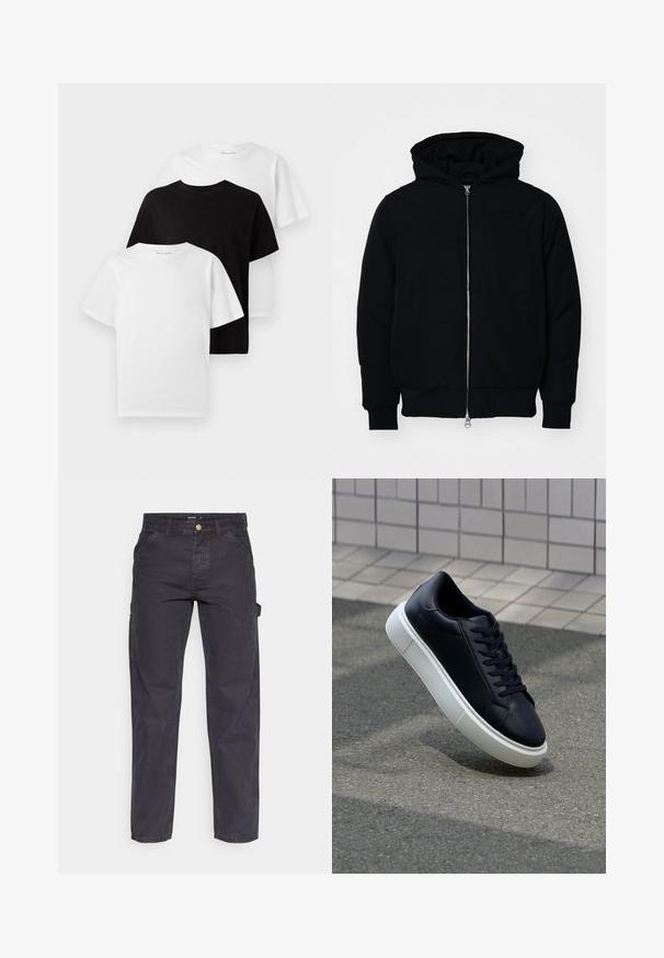 Svart huoodiejacka med framdragkedja, känguruficka, ribbade ärmslut och nederkant, uppställd mot en vit bakgrund.; Tre t-shirts med rund hals: en svart och två vita. Kortärmade, klassisk passform, tillverkade av bomull med en mjuk yta.; Mörkgrå cargobyxor i slitstark tyg, med rak benform, fem fickor och knappstängning i midjan.; Svart lädersneaker med rundad tå och vit gummisula. Har platta snören och minimal sömnad på ovansidan. Texturerad sula för grepp.