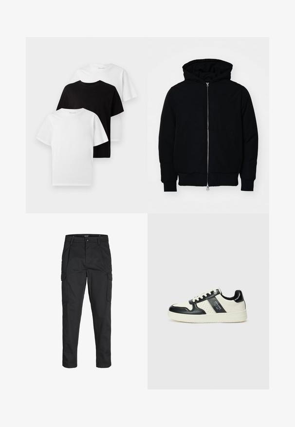 Black hooded jacket with front zipper, kangaroo pocket, ribbed cuffs, and hem, displayed on a plain white background.; Three crew neck t-shirts: one black and two white. Short sleeves, classic fit, made from cotton with a smooth texture.; Black cargo pants made of sturdy fabric, featuring multiple pockets, a button closure, and a slim fit design with tapered legs.; Leather sneakers with a black and cream color scheme, featuring perforated accents, a padded collar, and a textured outsole.
