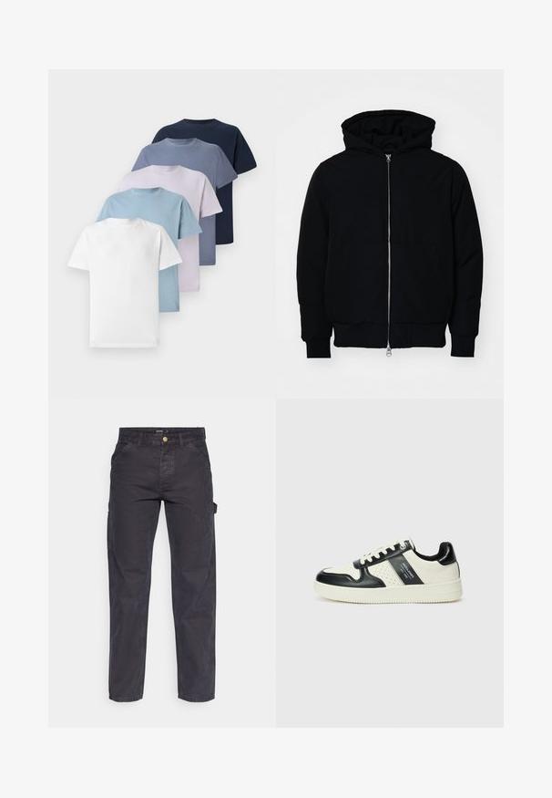 Black hooded jacket with front zipper, kangaroo pocket, ribbed cuffs, and hem, displayed on a plain white background.; Five crew-neck t-shirts in varying colors: white, light blue, light purple, dark blue, and navy. Made of cotton with short sleeves.; Dark gray cargo pants made of durable fabric, featuring a straight-leg cut, five pockets, and a button closure at the waist.; Leather sneakers with a black and cream color scheme, featuring perforated accents, a padded collar, and a textured outsole.