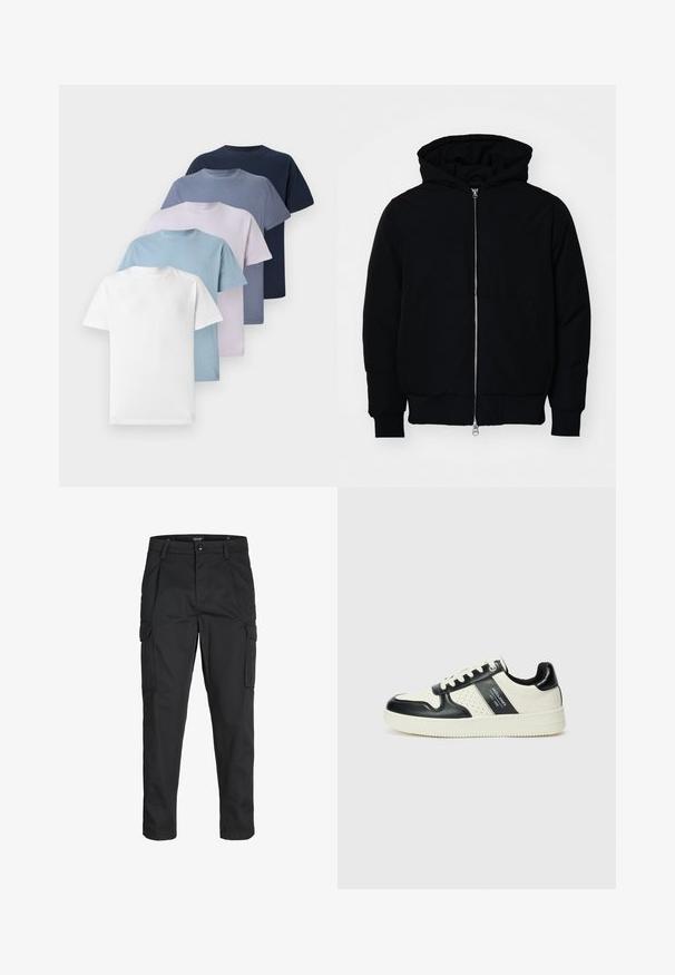 Black hooded jacket with front zipper, kangaroo pocket, ribbed cuffs, and hem, displayed on a plain white background.; Five crew-neck t-shirts in varying colors: white, light blue, light purple, dark blue, and navy. Made of cotton with short sleeves.; Black cargo pants made of sturdy fabric, featuring multiple pockets, a button closure, and a slim fit design with tapered legs.; Leather sneakers with a black and cream color scheme, featuring perforated accents, a padded collar, and a textured outsole.