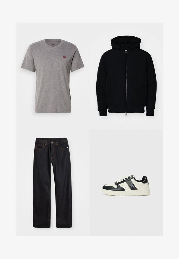 Black hooded jacket with front zipper, kangaroo pocket, ribbed cuffs, and hem, displayed on a plain white background.; Gray short-sleeve t-shirt made of cotton blend. Features a crew neckline and a small red Levi's logo on the left chest. Soft texture.; Men’s straight-leg black denim jeans with five pockets and orange stitching, button and zip closure on front waistband.; Leather sneakers with a black and cream color scheme, featuring perforated accents, a padded collar, and a textured outsole.