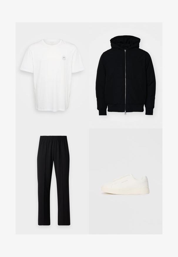 Jachetă neagră cu glugă, cu fermoar în față, buzunar tip kangaroo, mansete și tiv ribbed, prezentată pe un fundal alb simplu.; Tricou alb din bumbac cu guler rotund și mâneci scurte. Design grafic notabil al unei ochi înconjurat de raze pe partea stângă a pieptului.; Pantaloni negri cu talie elastică, cu un design cu picioare drepte, având o textură netedă și fără modele sau accesorii vizibile.; Tenisi albi slip-on cu o suprafață texturată, talpă groasă și un design minimalist. Prezintă logo-ul brandului pe lateral.
