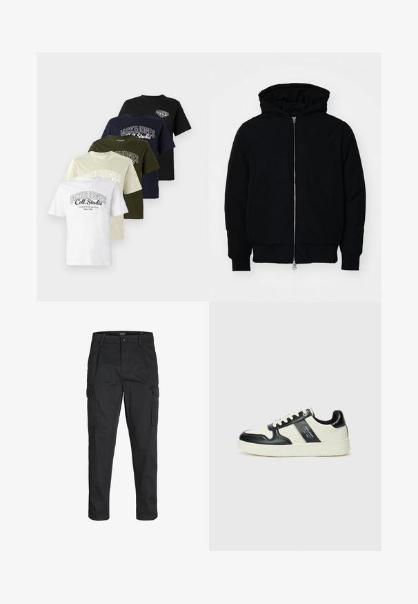 Črna kapuca jakna s sprednjim zadrgo, kenguru žepom, rebrastimi manšetami in hemom, razstavljena na enostavni beli ozadju.; Pet majice v vrsti: bele, bež, olivne, mornarsko modre in črne. Vsaka ima logo z imenom "JACK&JONES" in okrogel ovratnik.; Črne cargo hlače iz trdnega blaga, ki imajo več žepov, gumbasto zapiranje in ozek kroj z zožanimi nogami.; Usnjeni športni čevlji z črno in krem barvno shemo, ki vključujejo perforirane dodatke, podložen ovratnik in strukturirano podplat.