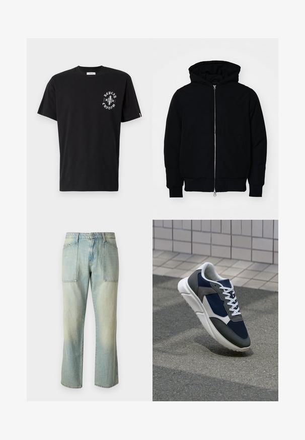 Svart hettejakke med frontglidelås, kengurulomme, ribbestrikket mansjetter og søm, vist på en ensfarget hvit bakgrunn.; Svart bomull t-skjorte med korte ermer. Har en hvit grafisk utskrift på venstre bryst og en liten logo-lapp på kanten.; Lyseblå denimjeans med rett benutskjæring, synlige sømmer og to store frontlommer. Stoffet har en falmet tekstur.; Sneakers med en navy blå mesh-overdel, grå sømværk, hvit gummisåle og flate hvite snører, designet for komfort og pusteevne.
