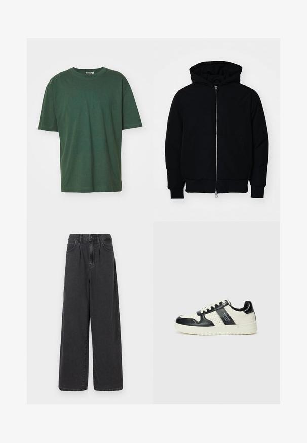 Zwarte hoodie met rits aan de voorkant, kangoeroe-pocket, geribbelde manchetten en zoom, weergegeven op een effen witte achtergrond.; Groene katoen T-shirt met een klassieke ronde hals, korte mouwen en een relaxte pasvorm. De stof heeft een zachte textuur en geen zichtbare patronen.; Brede pijpen, hooggewaste zwarte denim broek met een sluiting met een knoop en rits aan de voorkant, voorzien van zijzakken en een soepele textuur.; Leren sneakers met een zwart en crèmekleurig kleurenschema, voorzien van geperforeerde accenten, een gevoerde kraag en een gestructureerde buitenzool.