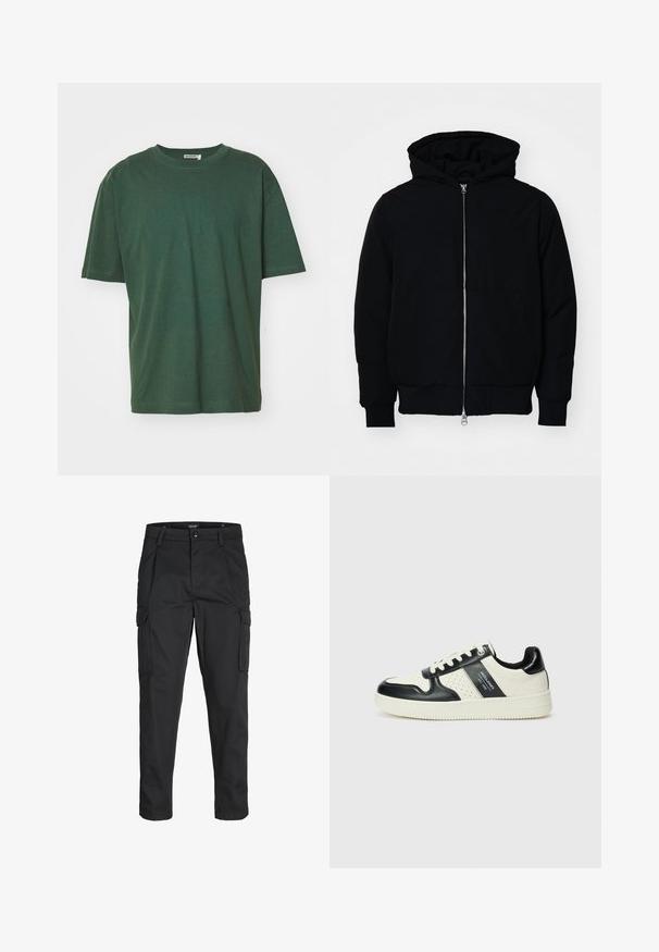 Crna kapuška jakna s prednjim zatvaračem, kenguru džepom, rebrastim manžetama i rubom, prikazana na običnoj bijeloj pozadini.; Zeleni pamučni majica s klasičnim okruglim izrezom, kratkim rukavima i opuštenim krojem. Tkanina ima glatku teksturu i nema vidljivih uzoraka.; Crne cargo hlače izrađene od čvrstog materijala, s brojnim džepovima, kopčanjem na gumb i dizajnom koji pomaže da se prilagode tijelu sa suženim nogavicama.; Kožne tenisice s crno-bijelom paletom boja, koje imaju perforirane akcentne detalje, podstavljeni ovratnik i teksturiranu potplat.