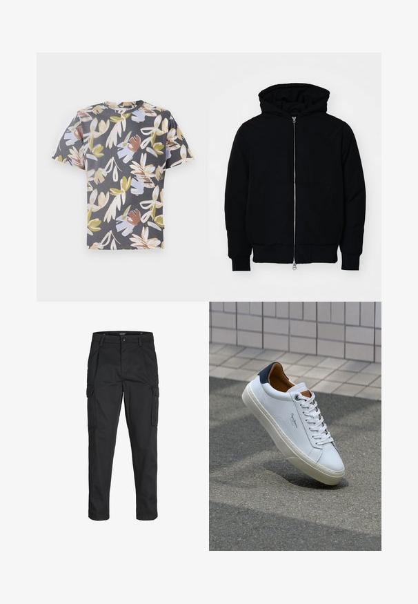 Melna kapucēta jaka ar priekšējo rāvējslēdzēju, kenguru kabatu, ribinātām aprocēm un apakšmalu, parādīta uz vienkārša balta fona.; Tumšā pelēkā krāsā ar īsām piedurknēm un ziedu rakstu, kurā ir bežīgas, gaiši zilas un zaļas krāsas toņi. Izgatavots no mīksta auduma.; Melnas kravas bikses, izgatavotas no izturīga auduma, ar vairākiem kabatām, pogu aizdari un šaura piegriezuma dizainu ar sašaurinātiem kāju apakšiem.; Baltas ādas čības ar tumši zilu papēdi, apaļu purngalu un kontrastējošām brūnām detaļām. Aprīkotas ar plakanu auklu un struktūrētu gumijas zoli.