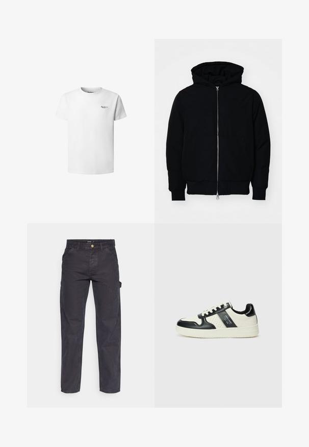 Zwarte hoodie met rits aan de voorkant, kangoeroe-pocket, geribbelde manchetten en zoom, weergegeven op een effen witte achtergrond.; Witte katoenen T-shirt met een ronde hals, korte mouwen en een klein zwart logo op de linkerborst. Glad materiaal, standaard pasvorm.; Donkergrijze cargobroek van duurzaam materiaal, met een rechte pijp, vijf zakken en een knoopsluiting in de taille.; Leren sneakers met een zwart en crèmekleurig kleurenschema, voorzien van geperforeerde accenten, een gevoerde kraag en een gestructureerde buitenzool.