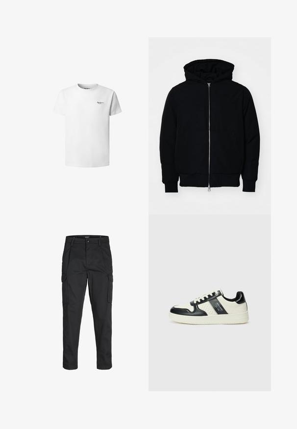Black hooded jacket with front zipper, kangaroo pocket, ribbed cuffs, and hem, displayed on a plain white background.; White cotton T-shirt featuring a crew neck, short sleeves, and a small black logo on the left chest. Smooth texture, standard fit.; Black cargo pants made of sturdy fabric, featuring multiple pockets, a button closure, and a slim fit design with tapered legs.; Leather sneakers with a black and cream color scheme, featuring perforated accents, a padded collar, and a textured outsole.