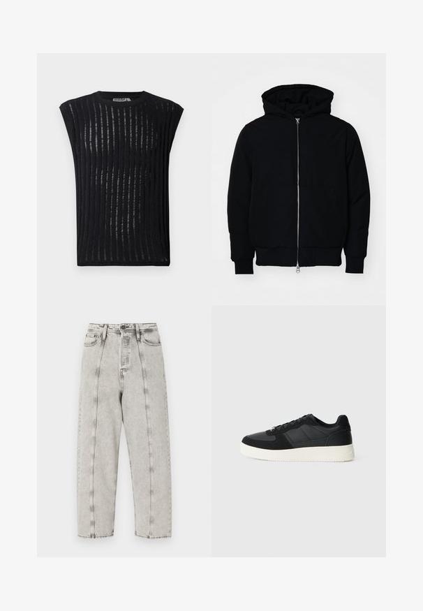 Črna kapuca jakna s sprednjim zadrgo, kenguru žepom, rebrastimi manšetami in hemom, razstavljena na enostavni beli ozadju.; Črna majica s kratkimi rokavi, narejena iz lahkega materiala z vertikalnimi črtami. Ima okrogel izrez in oprijet kroj.; Sive visoke kavbojke z ohlapnim krojem, ki imajo ravne hlačnice, vidno šivanje in uničen videz.; Črne nizke teniske z teksturiranim usnjem in paneli iz semiša, bela gumijasta podloga in črne vezalke na enobarvni svetli podlagi.