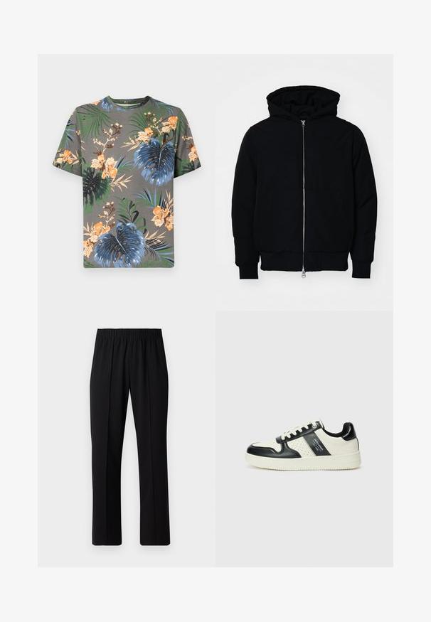 Melna kapucēta jaka ar priekšējo rāvējslēdzēju, kenguru kabatu, ribinātām aprocēm un apakšmalu, parādīta uz vienkārša balta fona.; Pelēks kokvilnas T-krekls ar īsām piedurknēm un tropisku ziedu rakstu oranžā, zilā, zaļā un bēšā krāsā, ar dažādiem lapu rakstiem.; Melni elastīgi bikses ar taisnas kājas dizainu, ar gludu tekstūru un bez redzamām zīmēm vai detaļām.; Ādas sporta apavi ar melnbaltu krāsu shēmu, ar perforētiem akcentiem, mīkstinātu apkakli un teksturētu zoli.