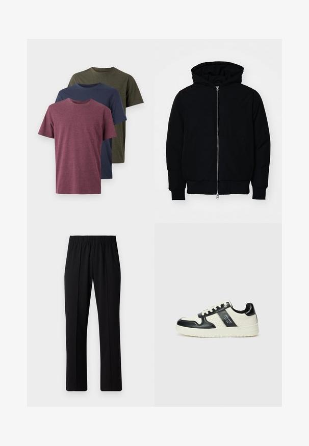 Svart hettejakke med frontglidelås, kengurulomme, ribbestrikket mansjetter og søm, vist på en ensfarget hvit bakgrunn.; Tre bomulls t-skjorter vist: burgunder, marineblå og olivengrønn. Rund hals-design, korte ermer og en myk, teksturert finish.; Svart, elastisk midjebukser med rett ben-design, med en glatt tekstur og uten synlige mønstre eller maskinvare.; Lædersneakers med sort og creme farveskema, der har perforerede detaljer, en polstret krave og en struktureret ydersål.