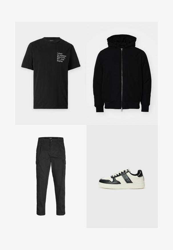Čierna kapucňová bunda s predným zipsom, klokaními vreckami, rebrovanými manžetami a lemom, zobrazená na bielom pozadí.; Čierne bavlnené tričko s bielym textom: "Budem prepuštený New York, NY - Júl Replay," okrúhly výstrih, krátke rukávy.; Čierne cargo nohavice z odolnej látky, s viacerými vreckami, gombíkovým zapínaním a úzkym strihom so zúženými nohavicami.; Kožené tenisky v čierno-krémovej farbe, s perforovanými akcentmi, polstrovaným golierom a štruktúrovanou podrážkou.