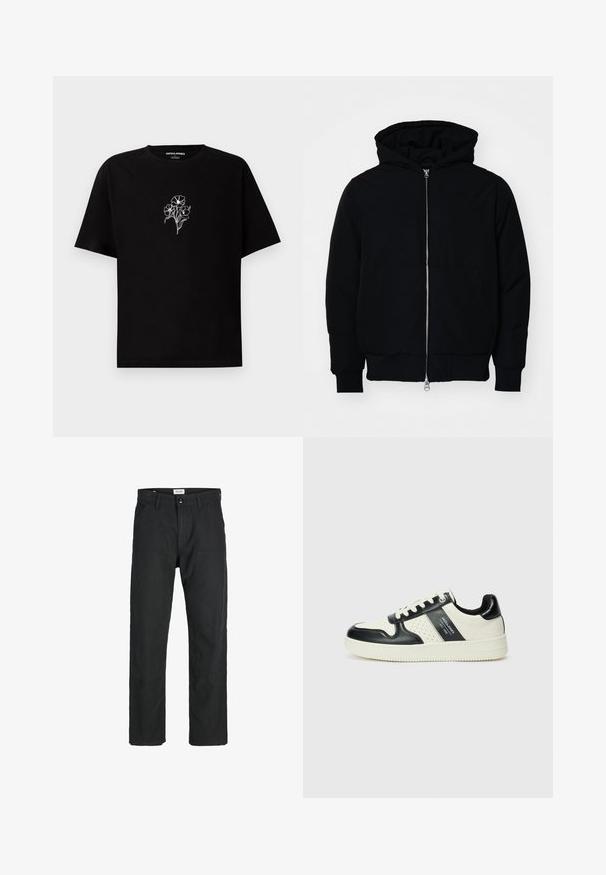 Chaqueta negra con capucha, cierre frontal, bolsillo tipo canguro, y puños y dobladillo acanalados, exhibida sobre un fondo blanco liso.; Camiseta de algodón negra con cuello redondo y mangas cortas. Presenta bordado floral blanco en el pecho. Textura suave, corte relajado.; Pantalones negros de tela duradera, con un diseño de pierna recta, detalles cosidos y dos bolsillos frontales para mayor funcionalidad.; Zapatillas de cuero con un esquema de colores negro y crema, que cuentan con acentos perforados, un collar acolchado y una suela texturizada.