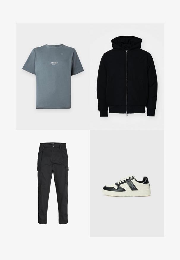 Mustat huppu-untuvatakki, jossa on vetoketju edessä, kenguru-tasku, ribatut hihansuut ja helma, esillä yksinkertaisella valkoisella taustalla.; Harmaa puuvillapaita, jossa on pyöreä kaula-aukko, lyhyet hihat ja pieni valkoinen "JJ Studios" -logo rinnassa. Sileä pinta ja rento istuvuus.; Mustat cargo-housut, jotka on valmistettu kestävästä kankaasta. Housuissa on useita taskuja, nappisulku ja kapea istuvuus, jossa on kapenevat lahkeet.; Nahkakengät musta-kerma värimaailmassa, joissa on rei'itetyt yksityiskohdat, pehmustettu nilkkaosa ja teksturoitu pohja.