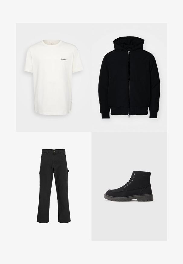 Crna kapuška jakna s prednjim zatvaračem, kenguru džepom, rebrastim manžetama i rubom, prikazana na običnoj bijeloj pozadini.; Bijela pamučna majica kratkih rukava, okruglog dekoltea, s crnim natpisom "Originals" s lijeve strane sprijeda. Mekana tekstura i ravni kroj.; Crne cargo hlače od mješavine pamuka. Imaju široke nogavice, prednje kuteve džepove i bočni džep s petljom za dodatke.; Crne gležnjače od teksturiranog materijala s ravnim potplatom, okruglim prstom i vezanjem na šest rupica. Ojačani šavovi duž ruba.