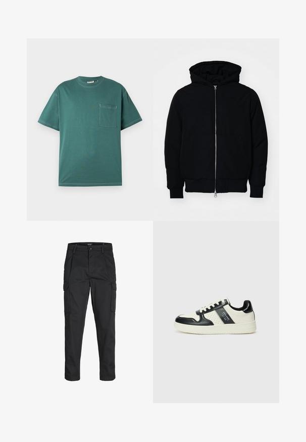 Svart huoodiejacka med framdragkedja, känguruficka, ribbade ärmslut och nederkant, uppställd mot en vit bakgrund.; Teal kortärmad T-shirt med vit sömnad och en bröstficka på vänster sida, visad mot en enkel vit bakgrund.; Svarta cargobyxor tillverkade av hållbart tyg, med flera fickor, knappstängning och en smal passform med avsmalnande ben.; Läder sneakers med en svart och krämfärgad färgsättning, med perforerade detaljer, en vadderad krage och en strukturerad yttersula.