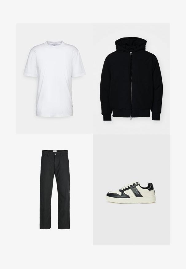 Black hooded jacket with front zipper, kangaroo pocket, ribbed cuffs, and hem, displayed on a plain white background.; White cotton t-shirt with a crew neck, short sleeves, and a straight hem. Features a small brand tag on the left side seam.; Black pants made of durable fabric, featuring a straight-leg design, stitched accents, and two front pockets for functionality.; Leather sneakers with a black and cream color scheme, featuring perforated accents, a padded collar, and a textured outsole.