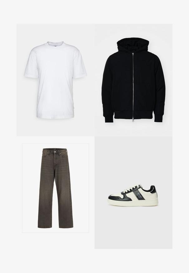 Fekete kapucnis dzseki elülső cipzárral, kenguruzsebbel, bordázott mandzsettákkal és aba, egy sima fehér háttér előtt.; Fehér pamut póló kerek nyakkal, rövid ujjú és egyenes aljjal. Bal oldalon egy kis márkacímke található.; Széles lábú farmernadrág sötétszürke denimből, magas derékkal, klasszikus öt zsebes kialakítással és kontrasztos varrással az illesztések mentén.; Fekete és krém színű bőrsneaker, perforált díszítésekkel, párnázott bokapánttal és texturált talppal.