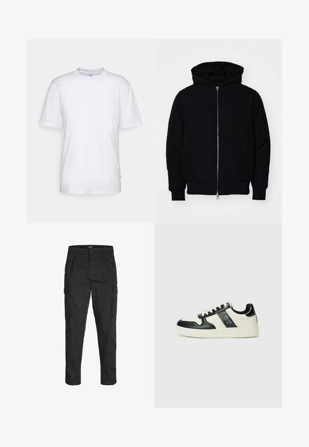 Black hooded jacket with front zipper, kangaroo pocket, ribbed cuffs, and hem, displayed on a plain white background.; White cotton t-shirt with a crew neck, short sleeves, and a straight hem. Features a small brand tag on the left side seam.; Black cargo pants made of sturdy fabric, featuring multiple pockets, a button closure, and a slim fit design with tapered legs.; Leather sneakers with a black and cream color scheme, featuring perforated accents, a padded collar, and a textured outsole.