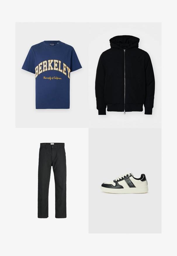 Sort hættejakke med frontlynlås, kængurulomme, ribbede manchetter og kant, præsenteret på en ensfarvet hvid baggrund.; Marineblå bomulds-T-shirt med "BERKELEY" i fed gul skrift og "University of California" i mindre skrift nedenfor.; Sorte bukser lavet af holdbart stof, med en lige pasform, syede detaljer og to forlommer for funktionalitet.; Lædersneakers i sort og creme farveskema, med perforerede detaljer, en polstret krave og en struktureret ydersål.