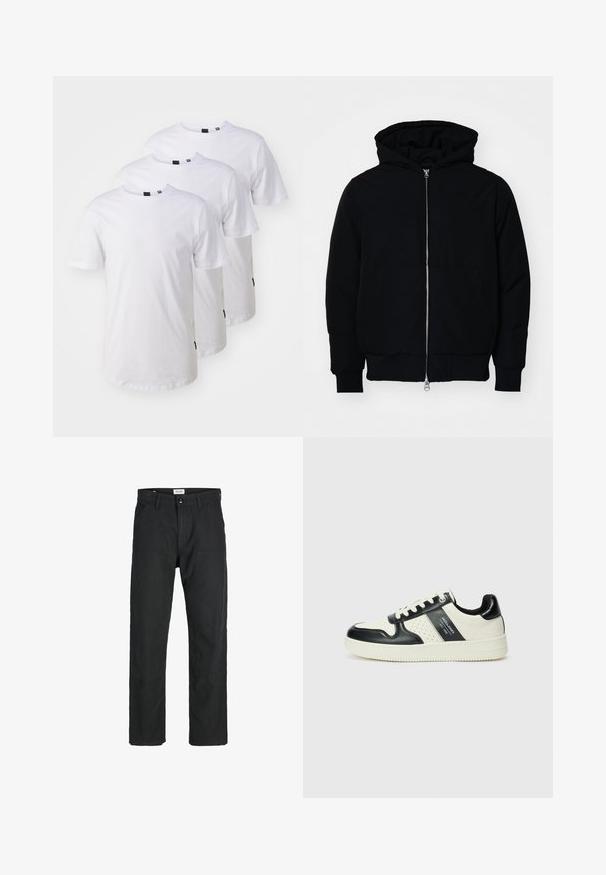 Giacca nera con cappuccio, dotata di zip frontale, tasca a marsupio, polsini e orlo a coste, esposta su uno sfondo bianco semplice.; Tre t-shirt in cotone bianco puro, con maniche corte, colli rotondi e etichette nere sull'orlo inferiore. Vestibilità classica e texture liscia.; Pantaloni neri realizzati in tessuto resistente, caratterizzati da un design a gamba dritta, dettagli cuciti e due tasche frontali per la funzionalità.; Sneakers in pelle con una combinazione di colori nero e crema, dotati di dettagli perforati, collare imbottito e suola testurizzata.