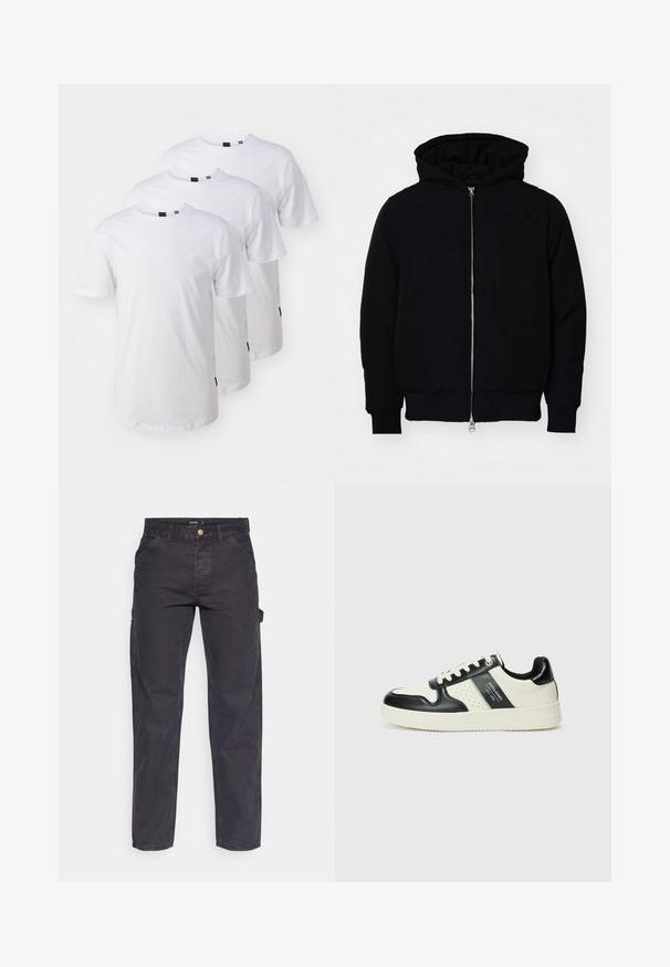 Black hooded jacket with front zipper, kangaroo pocket, ribbed cuffs, and hem, displayed on a plain white background.; Three plain white cotton t-shirts with short sleeves, round necklines, and black tags on the bottom hem. Classic fit and smooth texture.; Dark gray cargo pants made of durable fabric, featuring a straight-leg cut, five pockets, and a button closure at the waist.; Leather sneakers with a black and cream color scheme, featuring perforated accents, a padded collar, and a textured outsole.