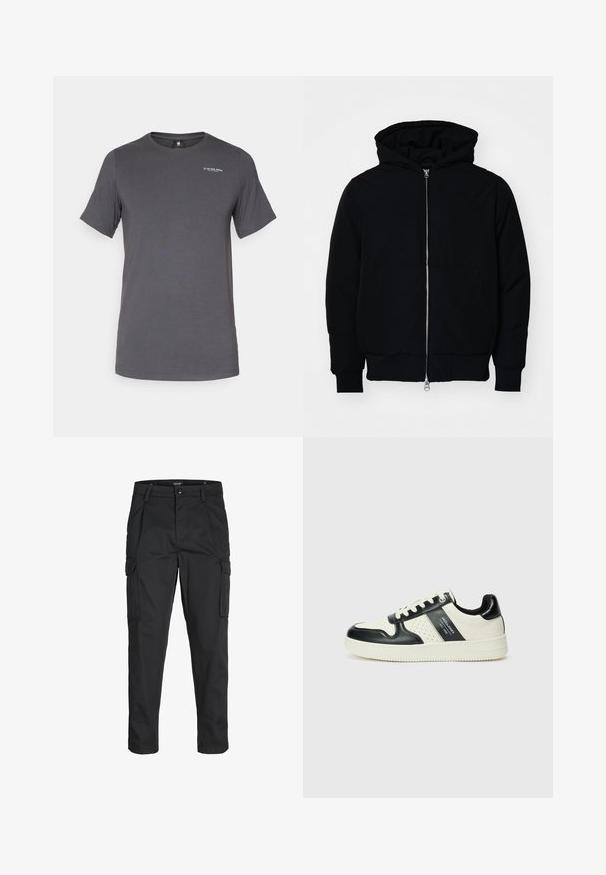 Melna kapucēta jaka ar priekšējo rāvējslēdzēju, kenguru kabatu, ribinātām aprocēm un apakšmalu, parādīta uz vienkārša balta fona.; Pelēks īsām piedurknēm T-krekls, kas izgatavots no gludas auduma. Tam ir apaļa kakla izgriezums un neliels logotips, kas izdrukāts kreisajā krūšu daļā.; Melnas kravas bikses, izgatavotas no izturīga auduma, ar vairākiem kabatām, pogu aizdari un šaura piegriezuma dizainu ar sašaurinātiem kāju apakšiem.; Ādas sporta apavi ar melnbaltu krāsu shēmu, ar perforētiem akcentiem, mīkstinātu apkakli un teksturētu zoli.