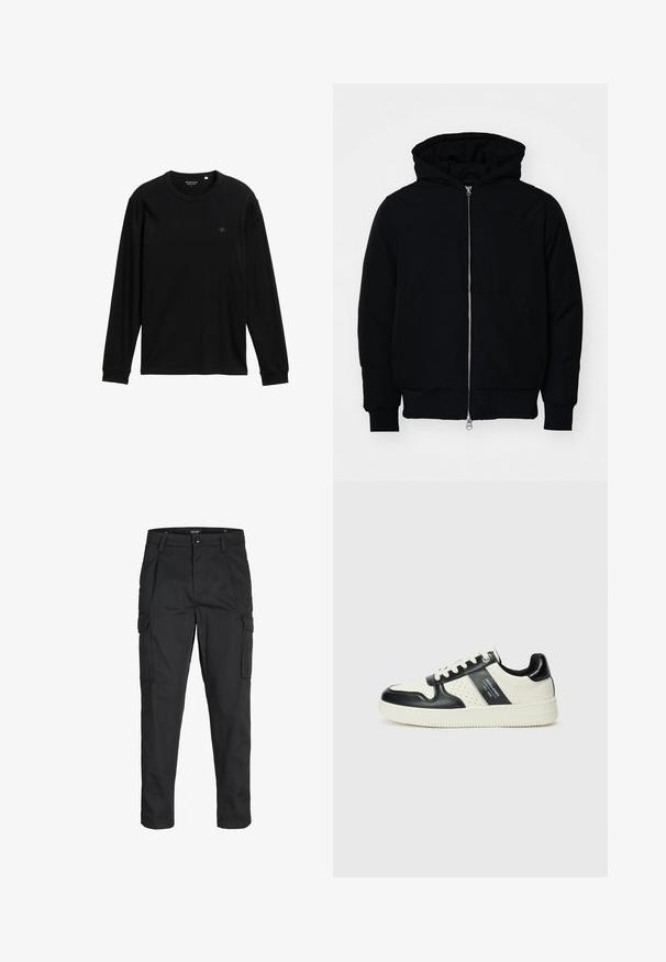 Giacca nera con cappuccio, dotata di zip frontale, tasca a marsupio, polsini e orlo a coste, esposta su uno sfondo bianco semplice.; T-shirt a maniche lunghe nera realizzata in tessuto morbido; presenta un collo rotondo, polsini a costine e un piccolo logo sul petto per dettagli.; Pantaloni cargo neri realizzati in un tessuto resistente, dotati di molteplici tasche, chiusura con bottone e un design aderente con gambe affusolate.; Sneakers in pelle con una combinazione di colori nero e crema, dotati di dettagli perforati, collare imbottito e suola testurizzata.