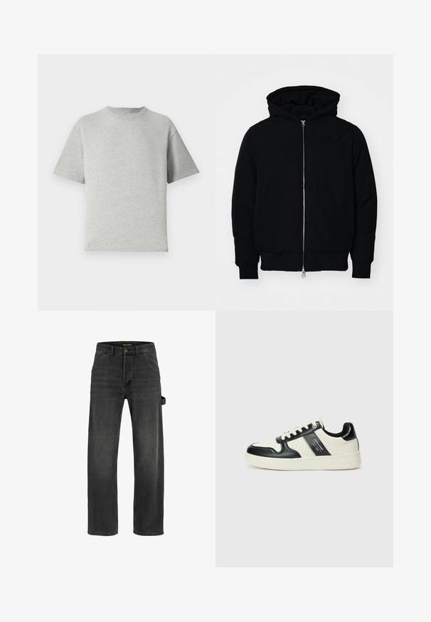 Melna kapucēta jaka ar priekšējo rāvējslēdzēju, kenguru kabatu, ribinātām aprocēm un apakšmalu, parādīta uz vienkārša balta fona.; Pelēks kokvilnas T-krekls ar īsām piedurknēm, apaļu kakla izgriezumu un brīvu piegriezumu. Audumam ir gluda tekstūra un minimālas šuvju detaļas.; Tumši pelēki džinsi ar taisnu griezumu, piecām kabatām, metāla pogas aizdari un sānu siksnas detaļu.; Ādas sporta apavi ar melnbaltu krāsu shēmu, ar perforētiem akcentiem, mīkstinātu apkakli un teksturētu zoli.