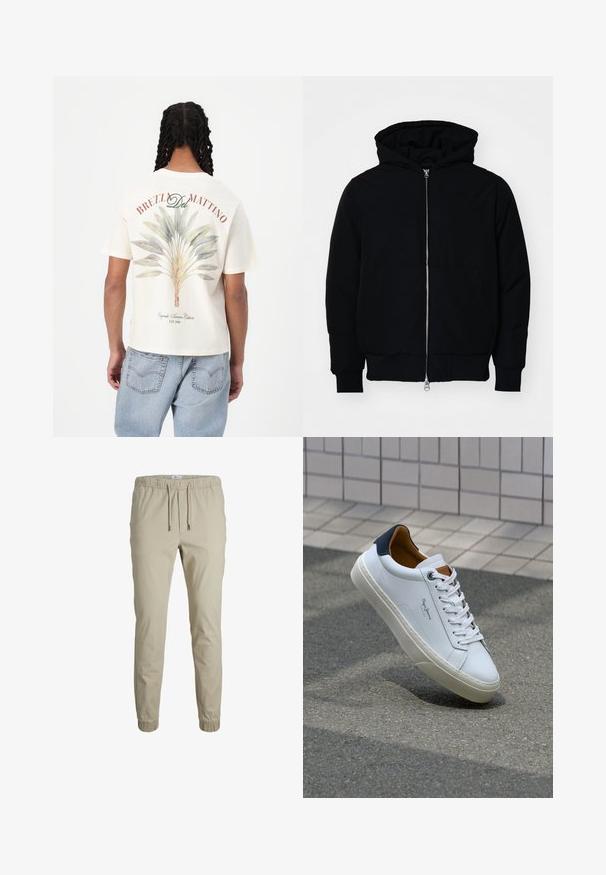 Melna kapucēta jaka ar priekšējo rāvējslēdzēju, kenguru kabatu, ribinātām aprocēm un apakšmalu, parādīta uz vienkārša balta fona.; Kratkām piedurknēm krēmkrāsas T-krekls ar zaļu un zilu lapu dizainu mugurpusē, virs kura ir sarkans uzraksts "BREZL Del MATTINO".; Bēša krāsas sašaurināti jogger bikses ar elastīgu jostu, aukliņu un potīšu aprocēm, izgatavotas no mīksta auduma. Iezīmējas ar gludu tekstūru un minimālistisku dizainu.; Baltas ādas čības ar tumši zilu papēdi, apaļu purngalu un kontrastējošām brūnām detaļām. Aprīkotas ar plakanu auklu un struktūrētu gumijas zoli.