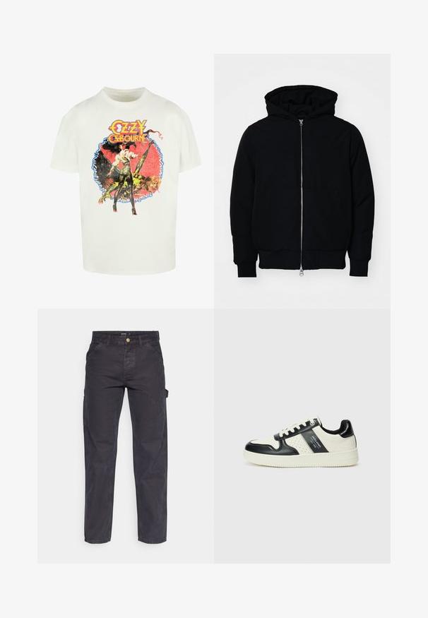 Black hooded jacket with front zipper, kangaroo pocket, ribbed cuffs, and hem, displayed on a plain white background.; White cotton t-shirt featuring a colorful graphic print of a woman and a creature with the text "Ozzy Osbourne" in bold, stylized letters.; Dark gray cargo pants made of durable fabric, featuring a straight-leg cut, five pockets, and a button closure at the waist.; Leather sneakers with a black and cream color scheme, featuring perforated accents, a padded collar, and a textured outsole.