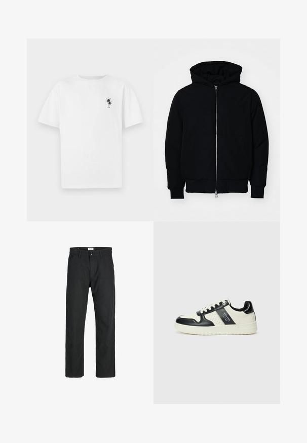 Sort hættejakke med frontlynlås, kængurulomme, ribbede manchetter og kant, præsenteret på en ensfarvet hvid baggrund.; Hvid bomulds t-shirt med korte ærmer og en afslappet pasform. Har et lille sort palmetræ grafik på venstre bryst.; Sorte bukser lavet af holdbart stof, med en lige pasform, syede detaljer og to forlommer for funktionalitet.; Lædersneakers i sort og creme farveskema, med perforerede detaljer, en polstret krave og en struktureret ydersål.