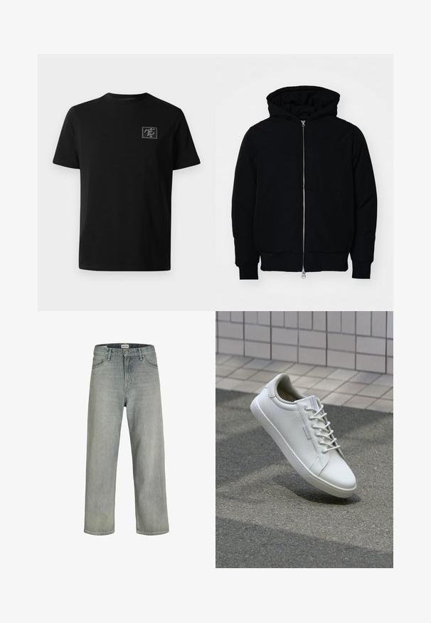 Svart hettejakke med frontglidelås, kengurulomme, ribbestrikket mansjetter og søm, vist på en ensfarget hvit bakgrunn.; Svart kortermet t-skjorte med rund hals og en liten hvit brodert lapp på venstre bryst som sier "fra Paris kjærlighet, Karl xx."; Lys grå, løstsittende jeans laget av denim. Har en klassisk fem-lomme-design, beltehemper og en rett ben-silhuett.; Hvite sneakers laget av teksturert lær, med snøring, robust gummisåle, og minimalistisk design med forsterket tå.