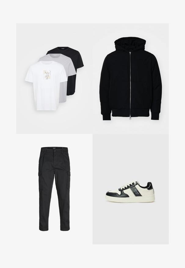 Black hooded jacket with front zipper, kangaroo pocket, ribbed cuffs, and hem, displayed on a plain white background.; Three short-sleeve t-shirts in white, light gray, and black. The white shirt features a minimalist graphic design. Soft cotton fabric.; Black cargo pants made of sturdy fabric, featuring multiple pockets, a button closure, and a slim fit design with tapered legs.; Leather sneakers with a black and cream color scheme, featuring perforated accents, a padded collar, and a textured outsole.