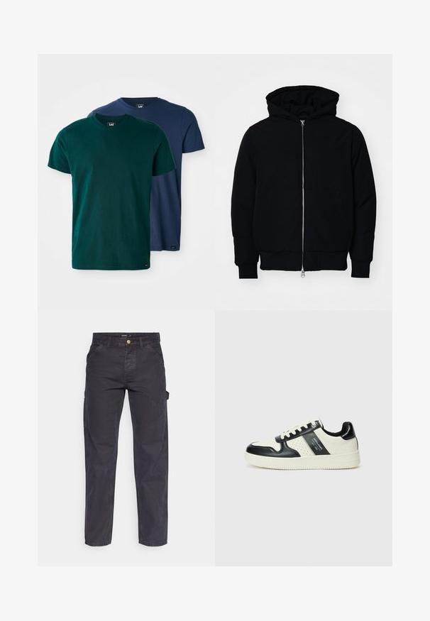 Črna kapuca jakna s sprednjim zadrgo, kenguru žepom, rebrastimi manšetami in hemom, razstavljena na enostavni beli ozadju.; Dve kratke majice s kratkimi rokavi v temno zeleni in mornarsko modri barvi. Narejene iz mehkega bombaža, z značilnim okroglim izrezom in sproščenim krojem.; Temno sivi cargo hlače iz trpežnega materiala, z ravnim krojem nogavic, petimi žepi in gumbom za zapiranje v pasu.; Usnjeni športni čevlji z črno in krem barvno shemo, ki vključujejo perforirane dodatke, podložen ovratnik in strukturirano podplat.