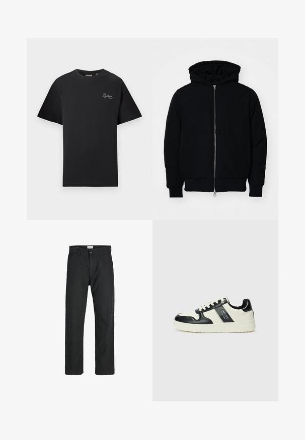 Juodas gobtuvėlis su priekiniu užtrauktuku, kengūros tipo kišene, lygiais rankogaliais ir apvadu, pateiktas ant vientiso balto fono.; Juodas trumpas rankovės marškinėlis su mažu baltu kursyvu užrašu "Dystopia Sounds." ant kairiojo krūtinės, apvaliu kaklu, eksponuojamas ant paprasto šviesaus fono.; Juodi kelniai, pagaminti iš tvirto audinio, su tiesiomis kojomis, siuvinėtomis detalėmis ir dviem priekinėmis kišenėmis funkcionalumui.; Odiniai sportbačiai juodos ir kreminės spalvų schemoje, su perforuotais akcentais, paminkštinta apykakle ir tekstūruotu padu.