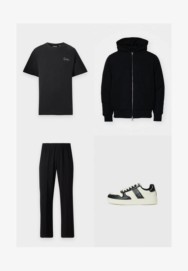 Schwarze Kapuzenjacke mit Frontreißverschluss, Kängurutasche, gerippten Bündchen und Saum, auf einem schlichten weißen Hintergrund präsentiert.; Schwarzes Kurzarm-T-Shirt mit kleinem weißen, geschwungenen Text "Dystopia Sounds." auf der linken Brustseite, Rundhalsausschnitt, auf einem schlichten hellen Hintergrund präsentiert.; Schwarze, Gummibund-Hosen mit geradem Schnitt, die eine glatte Textur aufweisen und keine sichtbaren Muster oder Beschläge haben.; Leder-Sneaker in Schwarz- und Cremetönen, mit perforierten Akzenten, einem gepolsterten Kragen und einer strukturierten Laufsohle.